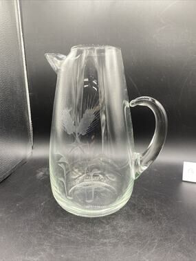 Vintage Art Glass Pitcher Needle etched? Flower Design Attached Handle 10.5”